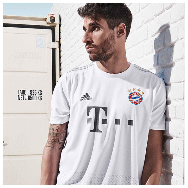The 2019/20 Bayern Munich away shirt features a crisp white base colour accented with subtle light grey detailing